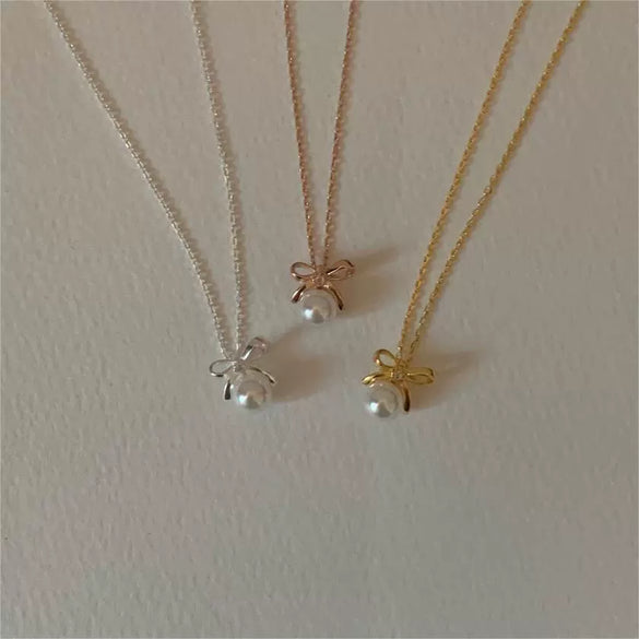 Necklace 925 Sterling Silver Bow Pearl Geometric Electroplating