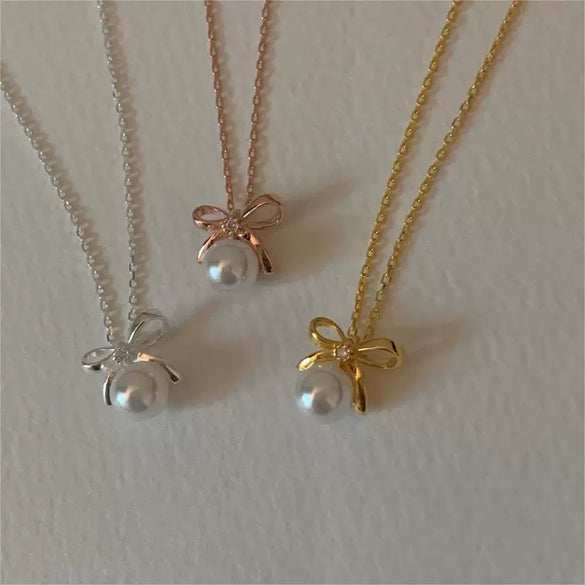 Necklace 925 Sterling Silver Bow Pearl Geometric Electroplating