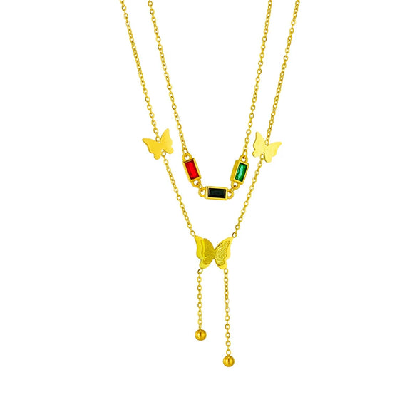 Necklace Titanium Steel Colorful Butterfly Tassel Doublelayer Glossy Frosted Electroplating