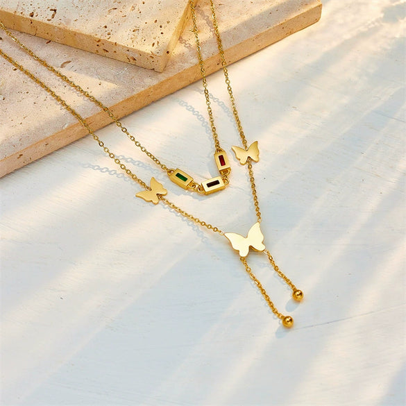 Necklace Titanium Steel Colorful Butterfly Tassel Doublelayer Glossy Frosted Electroplating