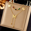 Necklace Titanium Steel Colorful Butterfly Tassel Doublelayer Glossy Frosted Electroplating