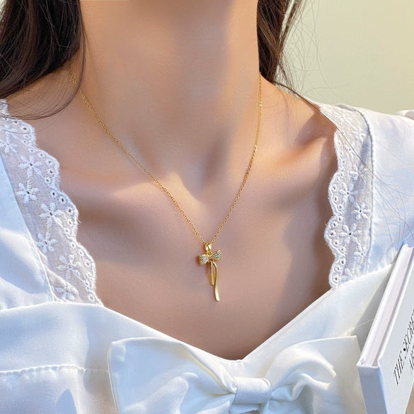 Necklace Titanium Steel Copper Bow Tassel 18K Gold Plated Electroplating For Women