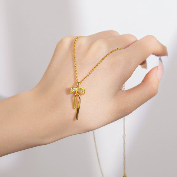 Necklace Titanium Steel Copper Bow Tassel 18K Gold Plated Electroplating For Women