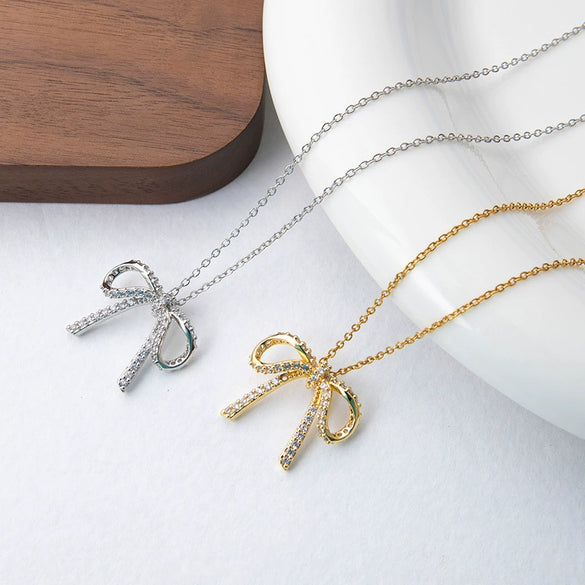 Necklace Titanium Steel Copper Bow Tassel Zircon Electroplating Women