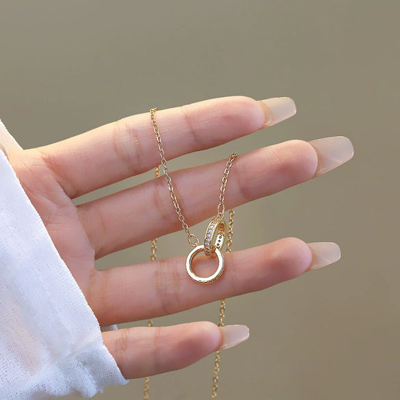 Necklace Titanium Steel Copper Geometric Double Ring Full Diamond O Word Chain Women's