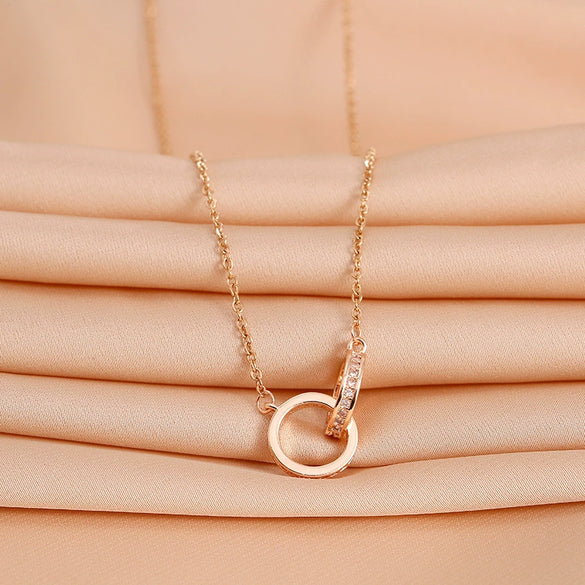 Necklace Titanium Steel Copper Geometric Double Ring Full Diamond O Word Chain Women's