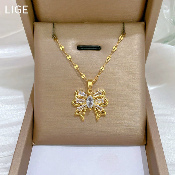 Necklace Titanium Steel Copper Geometric Hollow Bow Light Luxury Elegant Gorgeous Unisex Allmatch Clavicle Chain
