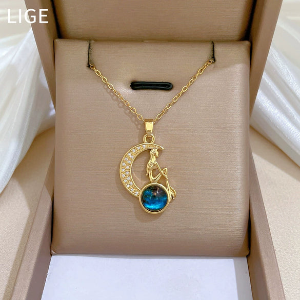 Necklace Titanium Steel Copper Geometric Star And Moon Zircon Light Luxury Elegant Gorgeous Unisex