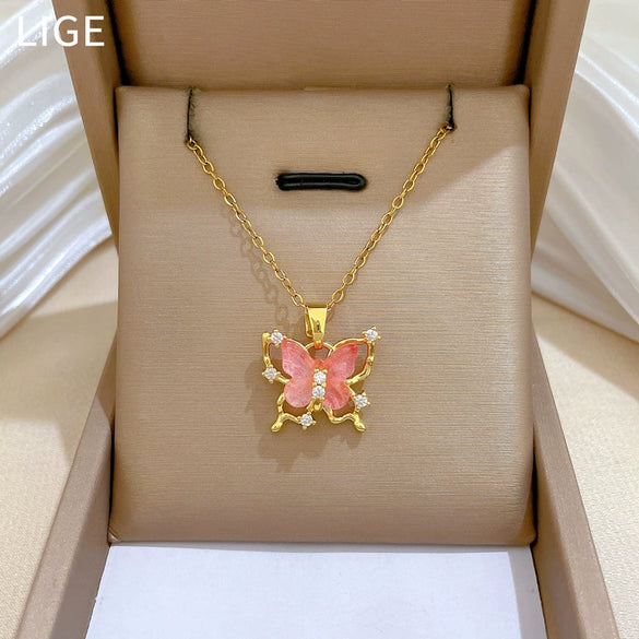 Necklace Titanium Steel Copper Hollow Pink Butterfly Geometric Cartoon Minimalist Stainless Steel