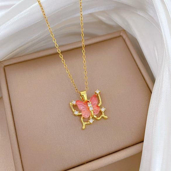 Necklace Titanium Steel Copper Hollow Pink Butterfly Geometric Cartoon Minimalist Stainless Steel