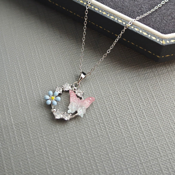Necklace Titanium Steel Copper Pink Flower Butterfly Hollow Bow Electroplating Design For Women