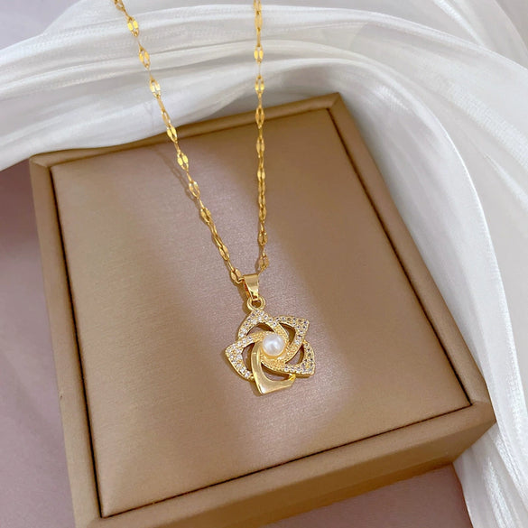 Necklace Titanium Steel Copper Real Gold Electroplated Diamond Micropaved Zircon Pearl Rotating Flower Geometric Cartoon Style