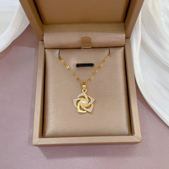 Necklace Titanium Steel Copper Real Gold Electroplated Diamond Micropaved Zircon Pearl Rotating Flower Geometric Cartoon Style