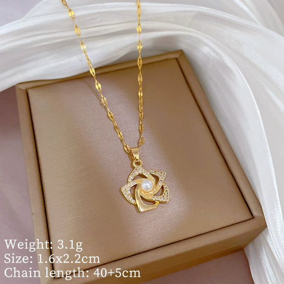 Necklace Titanium Steel Copper Real Gold Electroplated Diamond Micropaved Zircon Pearl Rotating Flower Geometric Cartoon Style