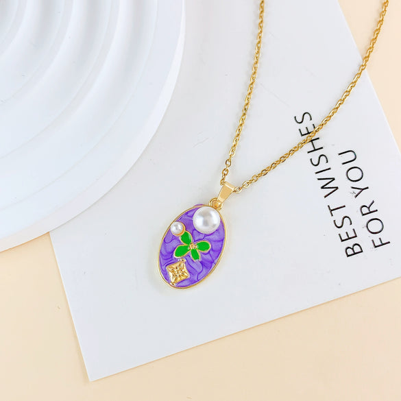 Necklace Titanium Steel Copper Real Gold Plated Oil Painting Tulip Geometric Sweet Style Cross Chain