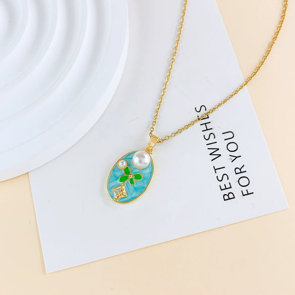 Necklace Titanium Steel Copper Real Gold Plated Oil Painting Tulip Geometric Sweet Style Cross Chain