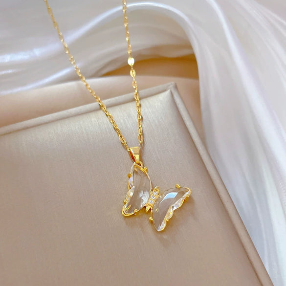 Necklace Titanium Steel Copper Zircon Butterfly Geometric Electroplating Female