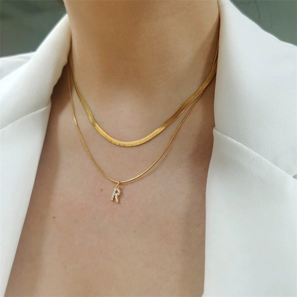 Necklace Titanium Steel Double Layer Flat Snake Blade Chain With Letter Pattern And Diamond Design