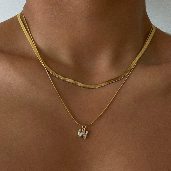 Necklace Titanium Steel Double Layer Flat Snake Blade Chain With Letter Pattern And Diamond Design