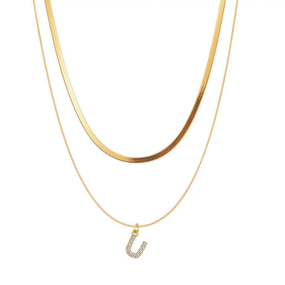 Necklace Titanium Steel Double Layer Flat Snake Blade Chain With Letter Pattern And Diamond Design