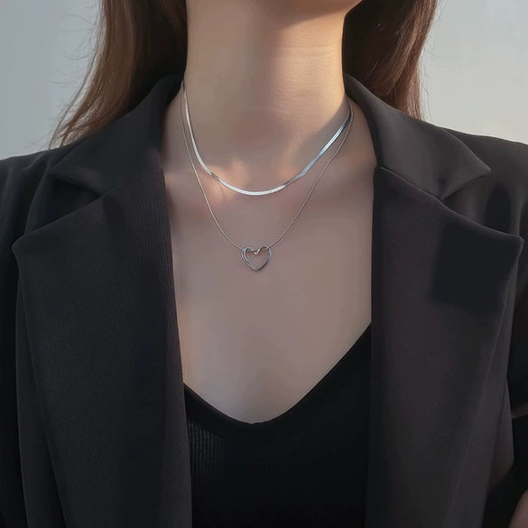Necklace Titanium Steel Double Layer Overlapped Hollow Heart Style Polished Snake Bone Chain Unisex
