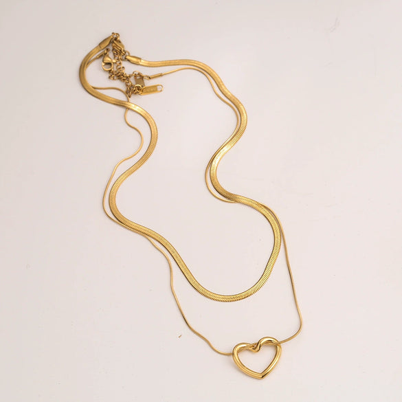 Necklace Titanium Steel Double Layer Overlapped Hollow Heart Style Polished Snake Bone Chain Unisex