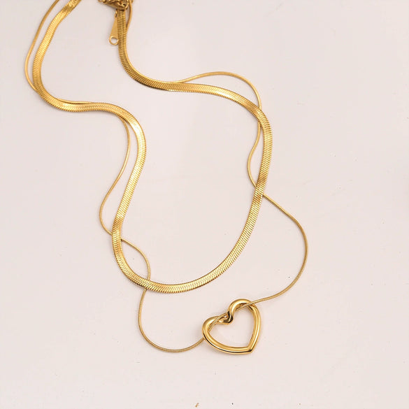 Necklace Titanium Steel Double Layer Overlapped Hollow Heart Style Polished Snake Bone Chain Unisex