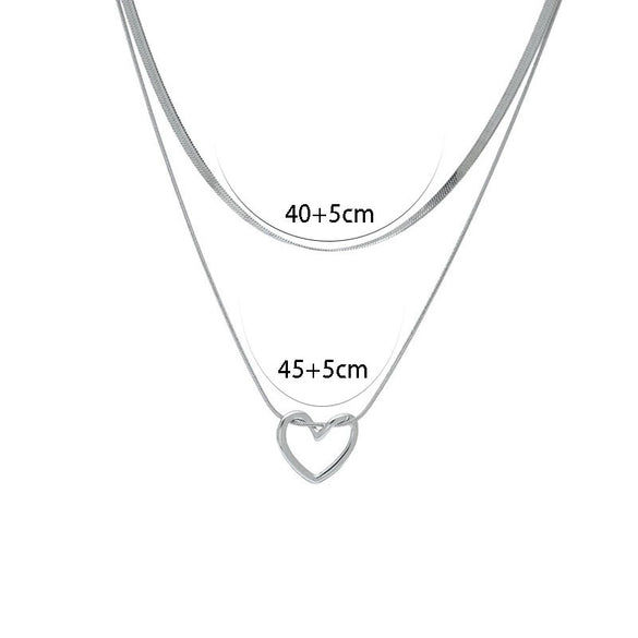 Necklace Titanium Steel Double Layer Overlapped Hollow Heart Style Polished Snake Bone Chain Unisex