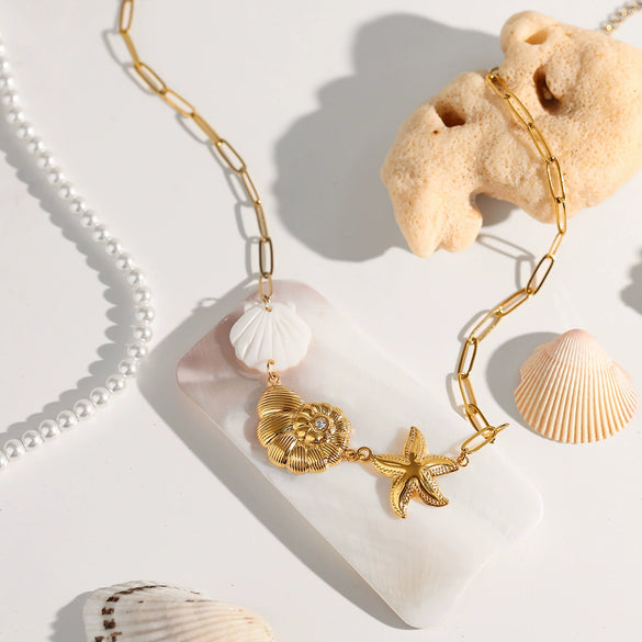 Necklace Titanium Steel Electroplated Starfish Shell Hammer Pattern Marine Ins Style For Women