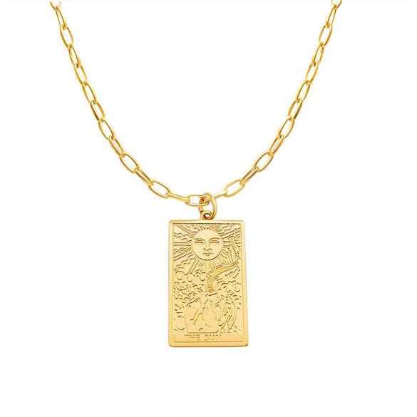 Necklace 316L Stainless Steel Embossed Sun Moon Pendant Bamboo Chain Electroplated Geometric Jewelry