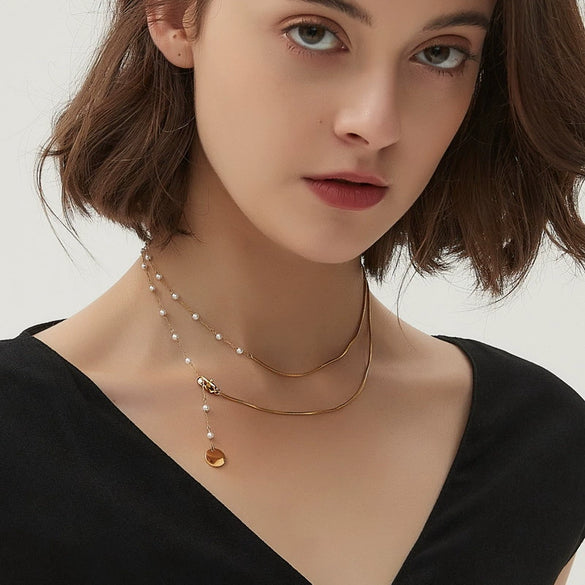 Necklace Titanium Steel Geometric Pearl Electroplating Snake Bone Chain Women's