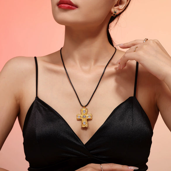 Necklace 316L Stainless Steel Glass Geometric Pattern Hammer Black Rope 18K Gold Plated Pvd