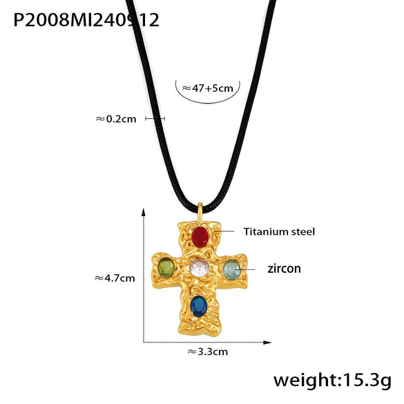 Necklace 316L Stainless Steel Glass Geometric Pattern Hammer Black Rope 18K Gold Plated Pvd