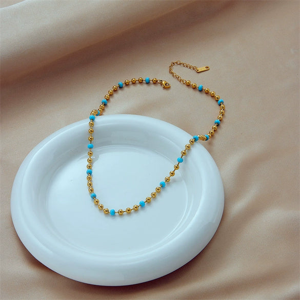 Necklace Titanium Steel Gold Beads Turquoise Beaded Braided Geometric Retro Electroplating