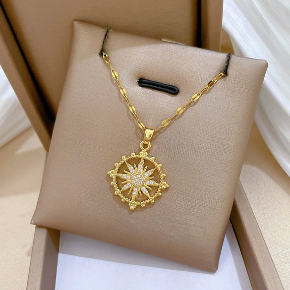 Necklace Titanium Steel Gold Plated Copper Full Diamond Micropaved Zircon Sun Eightpointed Star Geometric Cartoon Style