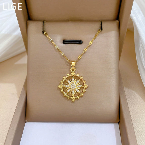 Necklace Titanium Steel Gold Plated Copper Full Diamond Micropaved Zircon Sun Eightpointed Star Geometric Cartoon Style