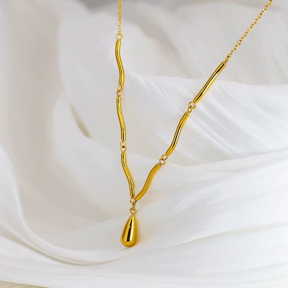 Necklace Titanium Steel Goldplated Irregular Curved Tube Wave Chain Water Drop Pendant Electroplating Women's