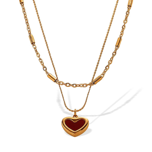 Necklace 316L Stainless Steel Heart Doublelayer Electroplated Red Acrylic Pendant For Women
