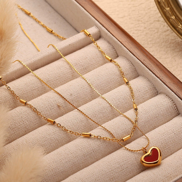 Necklace 316L Stainless Steel Heart Doublelayer Electroplated Red Acrylic Pendant For Women
