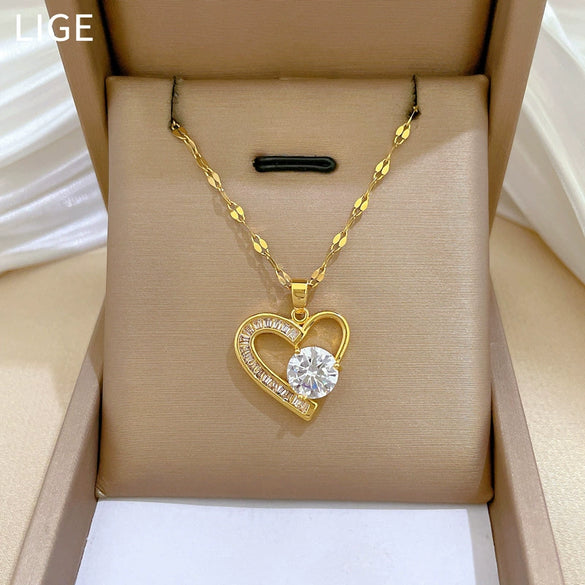 Necklace Titanium Steel Heart Full Diamond Real Gold Electroplated Light Luxury Style Unisex Cartoon Geometric Accessories