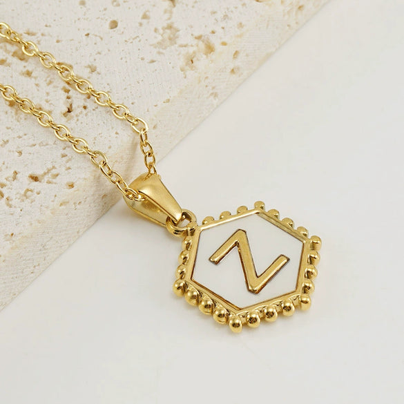 Necklace 316L Stainless Steel Hexagonal Natural Shell Letter Gold Inlaid Pendant For Women