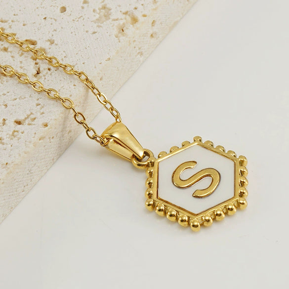 Necklace 316L Stainless Steel Hexagonal Natural Shell Letter Gold Inlaid Pendant For Women