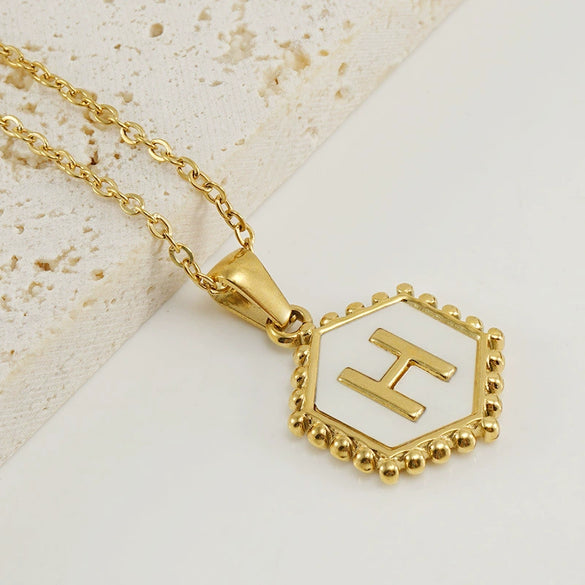 Necklace 316L Stainless Steel Hexagonal Natural Shell Letter Gold Inlaid Pendant For Women