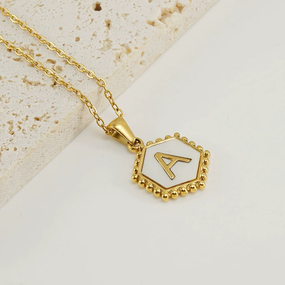 Necklace 316L Stainless Steel Hexagonal Natural Shell Letter Gold Inlaid Pendant For Women