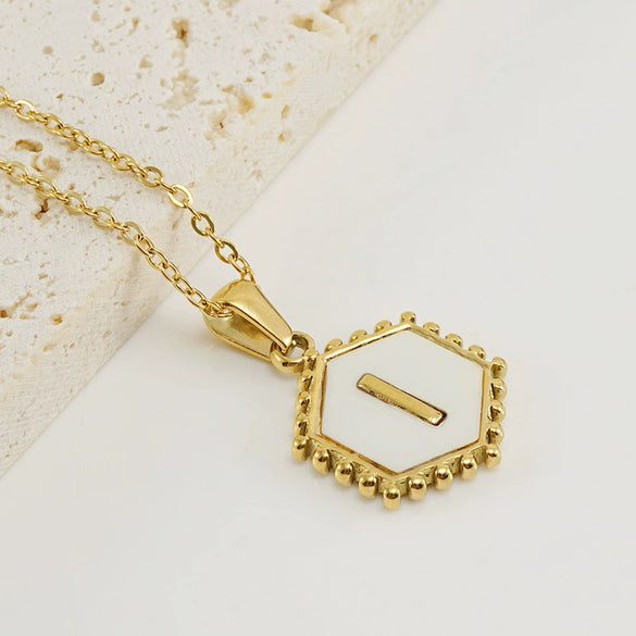 Necklace 316L Stainless Steel Hexagonal Natural Shell Letter Gold Inlaid Pendant For Women