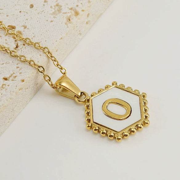 Necklace 316L Stainless Steel Hexagonal Natural Shell Letter Gold Inlaid Pendant For Women