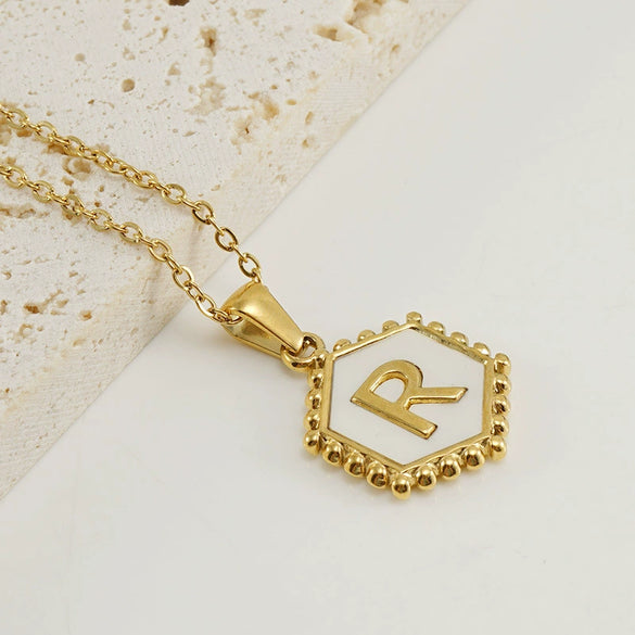 Necklace 316L Stainless Steel Hexagonal Natural Shell Letter Gold Inlaid Pendant For Women