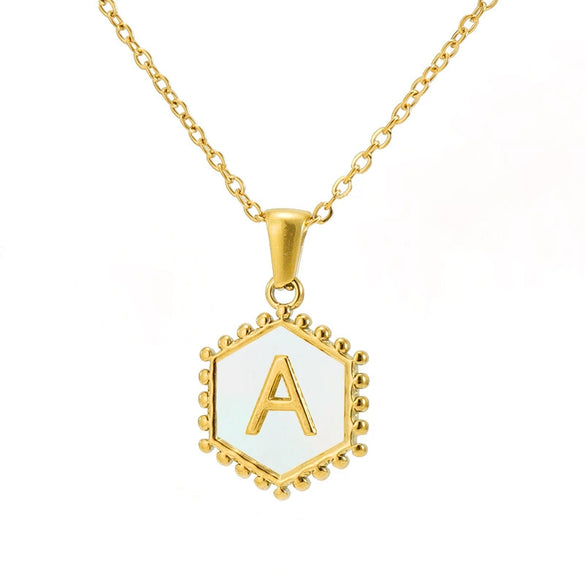 Necklace 316L Stainless Steel Hexagonal Natural Shell Letter Gold Inlaid Pendant For Women