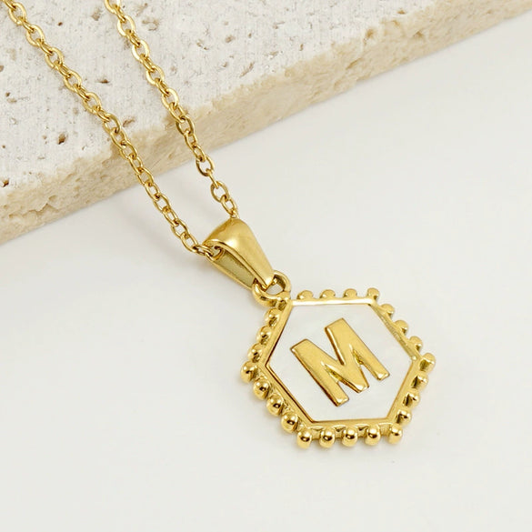 Necklace 316L Stainless Steel Hexagonal Natural Shell Letter Gold Inlaid Pendant For Women