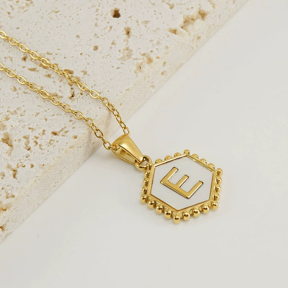 Necklace 316L Stainless Steel Hexagonal Natural Shell Letter Gold Inlaid Pendant For Women